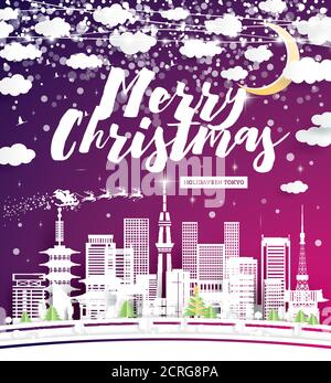 Christmas Flyer with Tokyo Japan City Skyline in Paper Cut Style. Vector Illustration. Holiday Banner for Night Party or New Year Event. Stock Vector