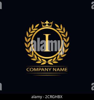 Golden Letter I laurel wreath template logo Luxury gold letter with crown. Monogram alphabet . Beautiful royal initials letter. Stock Vector