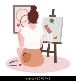 Women paint on canvas palette paintbrush back view white isolated background with flat cartoon style Stock Vector
