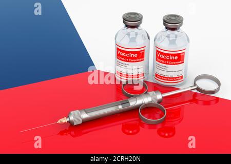 Vaccination in Czech Republic concept. Vaccine bottles with syringe on the Czech Republic flag, 3D rendering isolated on white background Stock Photo