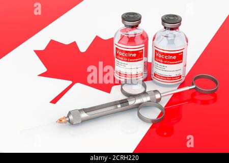 Vaccination in Canada concept. Vaccine bottles with syringe on the Canadian flag, 3D rendering isolated on white background Stock Photo