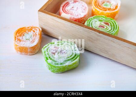 Turkish delight on a white table. Eastern sweets. Stock Photo