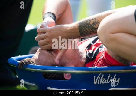 Bournemouth's Charlie Daniels in pain on the stretcher as he is carried off. Bournemouth v Man City  PHOTO CREDIT : © MARK PAIN / ALAMY STOCK PHOTO Stock Photo