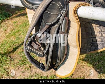 Prepared english saddle with stirrups.  Dressage of horses club. Equestrian sport and hobby Stock Photo