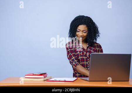 Pretty Afro-American female sitting in front of a laptop and working Stock Photo