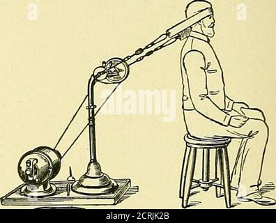 . The medical and surgical uses of electricity : including the X-ray, Finsen light, vibratory therapeutics, and high-frequency currents . 3ig, 230.—Vibratory Application tothe Neck and Basiler Region.. c^-^0^^^^ Fig. 231.—Vibratory Application tothe Head. Stock Photo