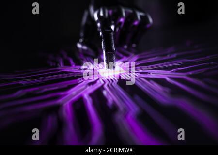 Cyber Security Hacking Concept: Rogue Artificial Intelligence Robot Hand Touches Screen and Creates Computer Virus. Visualization, Digitalization of Stock Photo