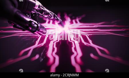 Cyber Security Hacking Concept: Rogue Artificial Intelligence Robot Hand Touches Screen and Creates Computer Virus. Visualization, Digitalization of Stock Photo