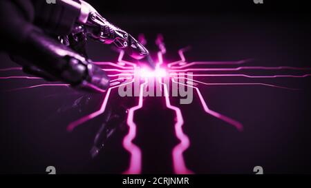 Cyber Security Hacking Concept: Rogue Artificial Intelligence Robot Hand Touches Screen and Creates Computer Virus. Visualization, Digitalization of Stock Photo