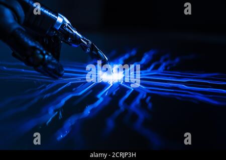 Digitalization Concept: Futuristic Robot Arm Interacting with Screen, Finger Touches Display and Activates Artificial Intelligence. Visualization of Stock Photo