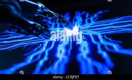 Digitalization Concept: Futuristic Robot Arm Interacting with Screen, Finger Touches Display and Activates Artificial Intelligence. Visualization of Stock Photo