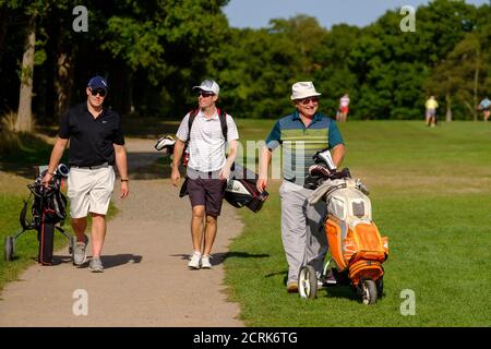 three male golfers walking beside fairway on sunny day Stock Photo