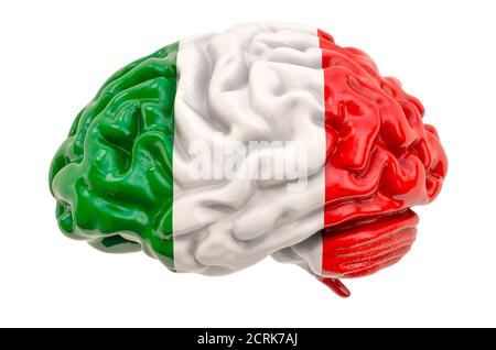 Human brain with Italian flag. Scientific research and education in Italy concept, 3D rendering isolated on white background