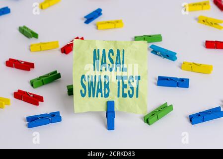 Writing note showing Nasal Swab Test. Business concept for diagnosing an upper respiratory tract infection through nasal secretion Colored clothespin Stock Photo