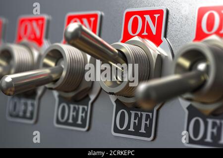 Row of retro toggle switch ON OFF on metal background. 3d illustration Stock Photo