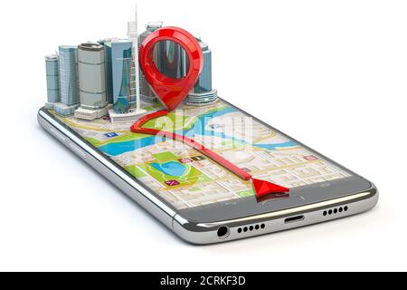 GPS navigation concept. Smartphone app with skyscrapers and pin with route on city map isolated on white. 3d illustration Stock Photo