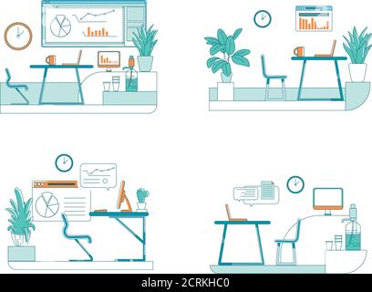 Office spaces flat color vector scene set Stock Vector