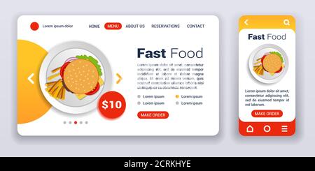 Fast food web banner and mobile app kit. Flat vector illustration isolated flat icon, hamburger with fries on a plate. UI UX template. Stock Vector
