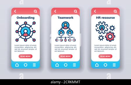 Human resource on mobile app onboarding screens. UI UX GUI template. Stock Vector