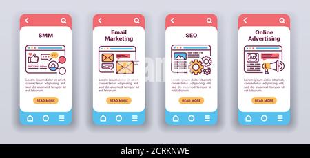 Marketing channels on mobile app onboarding screens. Flat icons, SMM, email marketing, SEO, online advertising. Banners for website and mobile kit Stock Vector