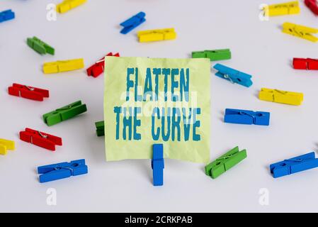 Writing note showing Flatten The Curve. Business concept for raising an awareness on slowing the rate of the infectious disease Colored clothespin pap Stock Photo