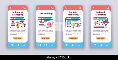 Marketing channels on mobile app onboarding screens. Flat icons, influencer, link building, content, referral marketing. Stock Vector