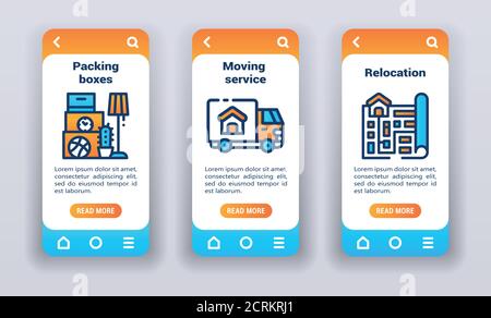 Moving on mobile app onboarding screens. UI UX GUI template Stock Vector