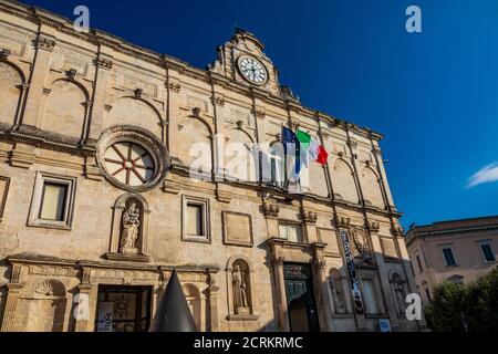 August 8, 2020 - Matera, Basilicata, Italy - Palazzo Lanfranchi, seat of the National Museum of Medieval and Modern Art of Basilicata. The flags of It Stock Photo