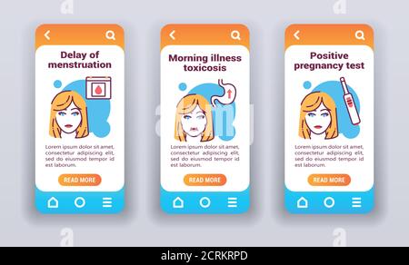 Early pregnancy symptoms on mobile app onboarding screens. Stock Vector