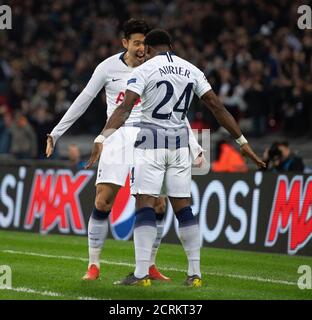 Tottenham Hotspur's Heung-Min Son celebrates scoring the opening goal with Serge Aurier   PHOTO CREDIT : © MARK PAIN / ALAMY STOCK PHOTO Stock Photo