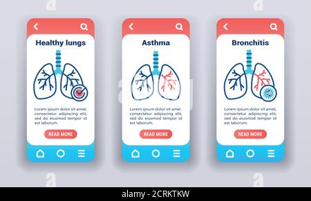 Lung disease on mobile app onboarding screens. Stock Vector