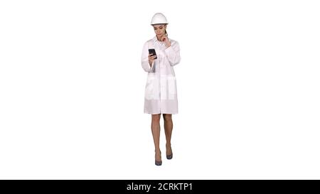 Scientist Using Phone Texting Message on white background. Stock Photo