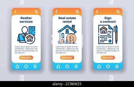 Real estate on mobile app onboarding screens. Line icons, realtor services, rental, sign a contract. Stock Vector