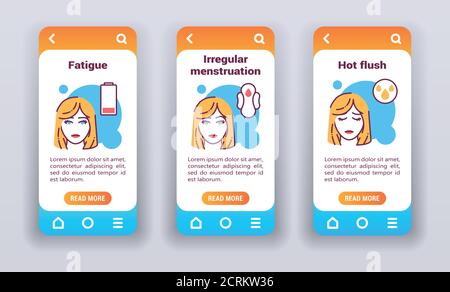 Menopausal symptoms on mobile app onboarding screens. Stock Vector