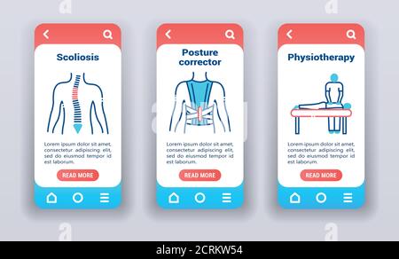 Treating back problems on mobile app onboarding screens. UI UX GUI template Stock Vector