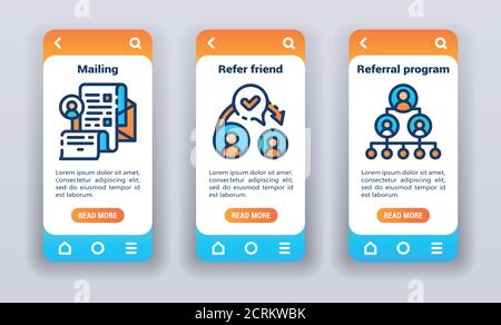Promotion strategy on mobile app onboarding screens. Flat icons, mailing, refer friend, referral program. Stock Vector