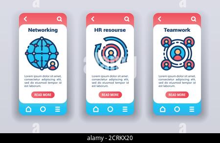 Human resource on mobile app onboarding screens. Flat icons, networking, hr, teamwork. Banners for website and mobile kit development. Stock Vector