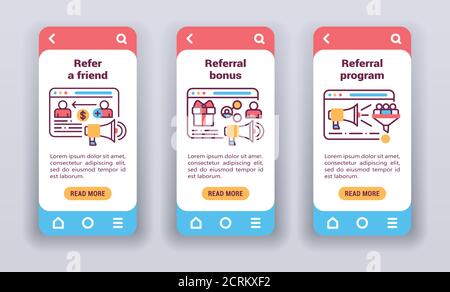 Digital marketing on mobile app onboarding screens. Flat icons, refer friend, referral program, bonus. Stock Vector