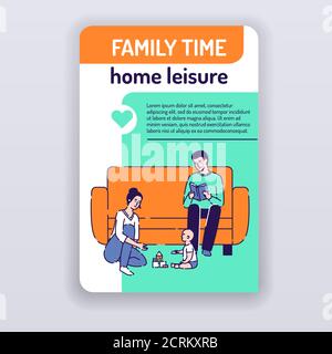 Family time brochure template. Home leisure cover design. Pastime magazine poster. Print design with linear illustrations cartoon characters on a Stock Vector