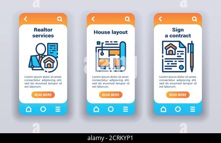 Real estate on mobile app onboarding screens. Banners for website and mobile kit development UI UX GUI template Stock Vector