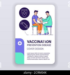 Vaccination brochure template. Treatment, prevention and immunization cover design. Print design with linear illustrations cartoon character on a Stock Vector