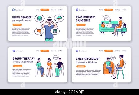 Counseling with psychologist web banners set. Isolated cartoon characters on a white background. Concept for web page, presentation, smm, ad, site Stock Vector