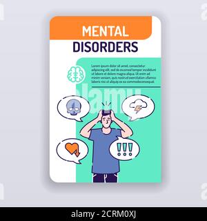 Mental disorders brochure template. Adult man in depressed cover design. Print design with linear illustrations cartoon character on a turquoise Stock Vector