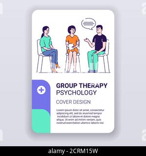 Group therapy brochure template. Counseling with psychologist cover design. Print design with linear illustration cartoon character on a white Stock Vector