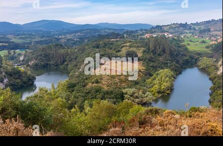 Aerial view of the meanders of the Nora river in Asturias, Spain Stock