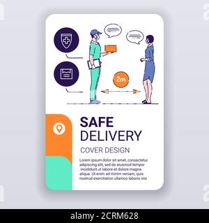 Safe delivery brochure template. Courier services cover design. Print design with linear illustrations cartoon character on a white background. Stock Vector