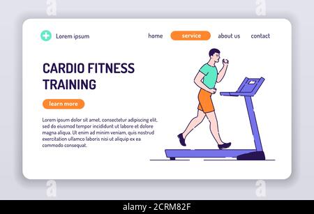 Man running on a treadmill web banner. Cardio workout. Isolated cartoon character on a white background. Concept for web page, presentation, smm, ad Stock Vector