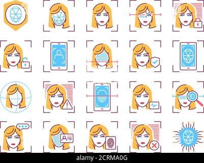 Identification face color line icons set. Recognition person concept. Biometric security element. Deep face. Blocked user, unlock access, deleted Stock Vector