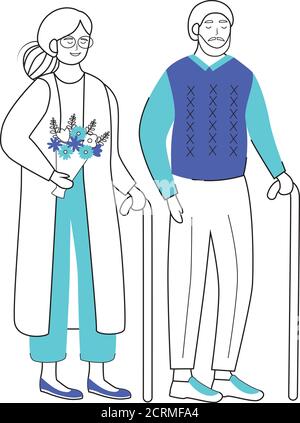 Retired people flat vector illustration. Senior age family with walking stick. Old couple. Elderly woman with flowers. Pensioners isolated cartoon Stock Vector