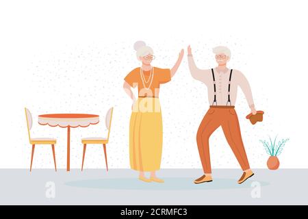 Retired people dancing flat vector illustration. Senior age family. Old couple spends time together at home. Indoor interior. Romantic pastime Stock Vector